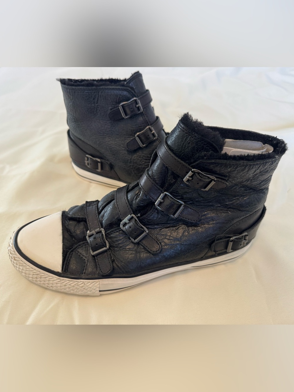 Ash Shearling lined Black Leather Buckle High-Top Sneakers
